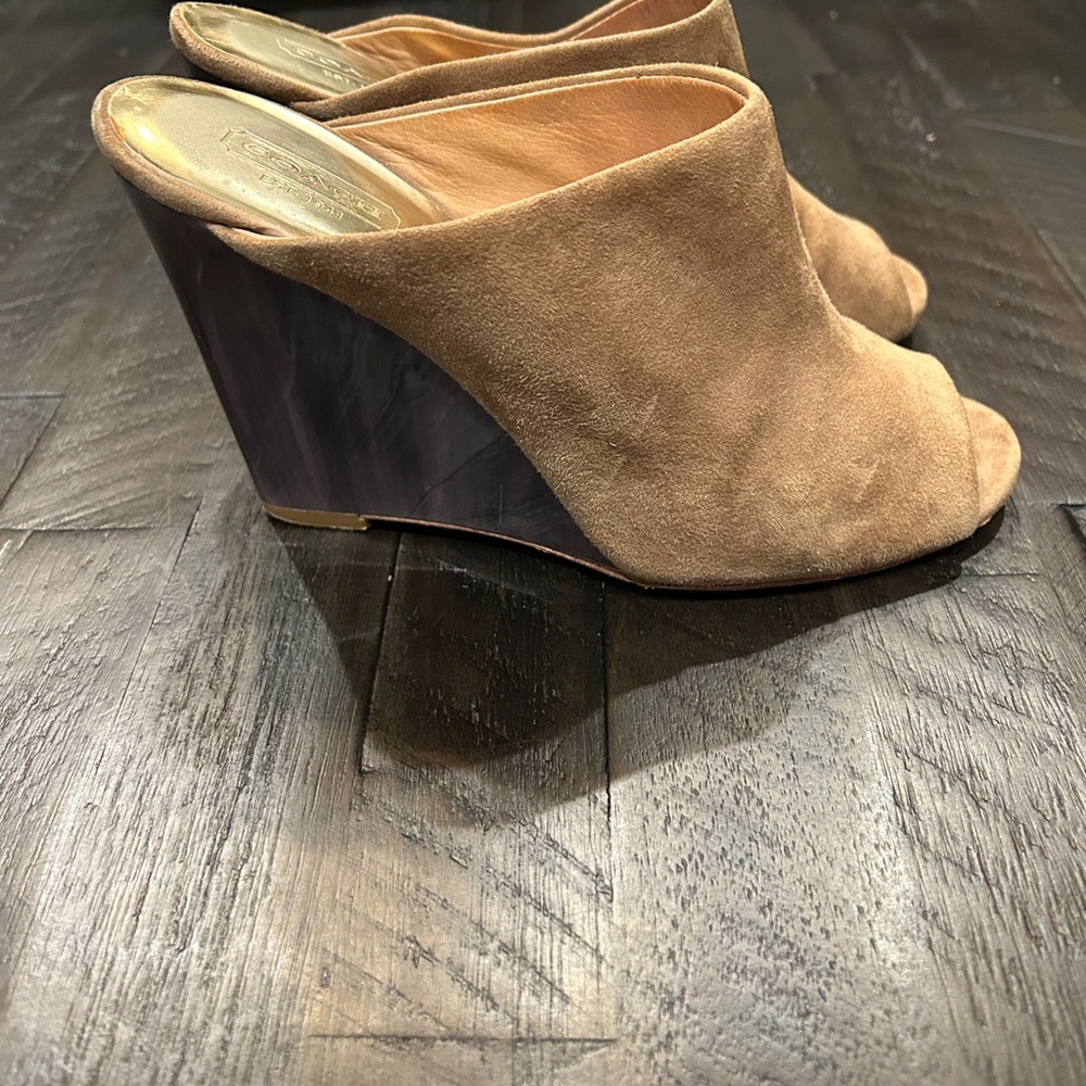 Coach Hollie Brown Suede Wedge Peep Toe Mules